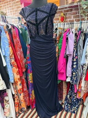 Navy Lace & Draped Chiffon Evening Prom Dress